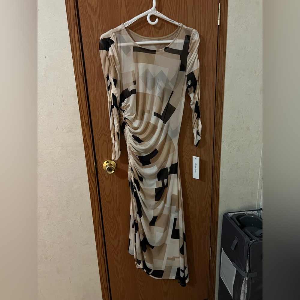 Calvin Klein Asymmetrical Beige and Black Dress